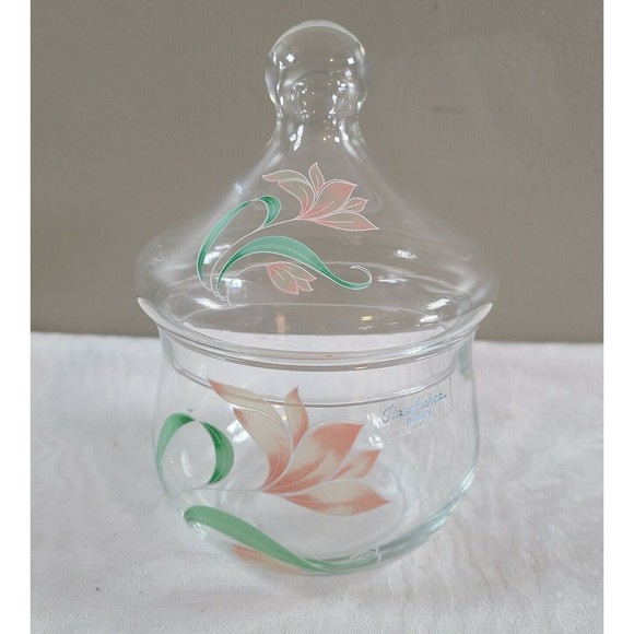 Vintage Clear Glass Vanity Jar Pasabahce Turkey Apothecary Jar Pink Flor… - Picture 1 of 7